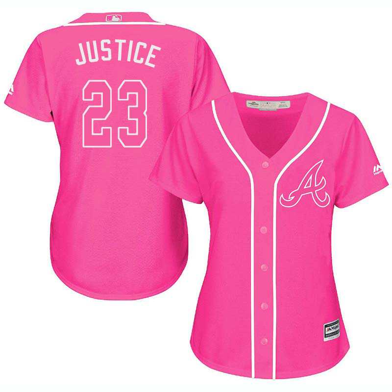 Glued Women's Atlanta Braves #23 David Justice Pink New Cool Base Jersey WEM