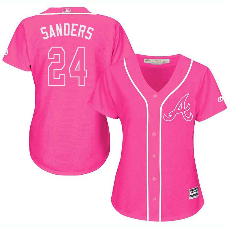 Glued Women's Atlanta Braves #24 Deion Sanders Pink New Cool Base Jersey WEM