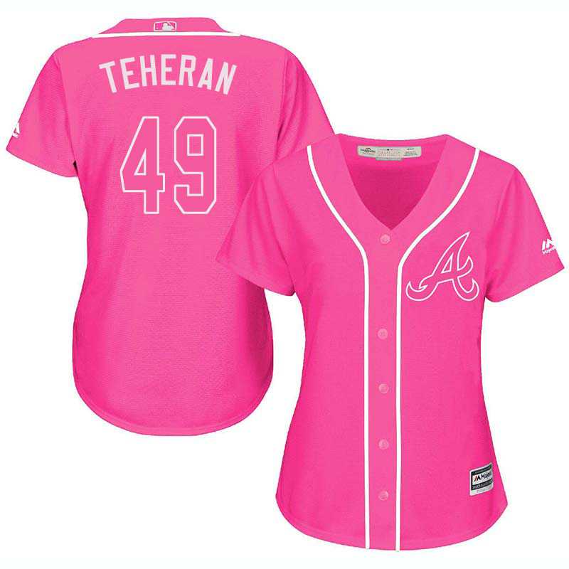 Glued Women's Atlanta Braves #49 Julio Teheran Pink New Cool Base Jersey WEM