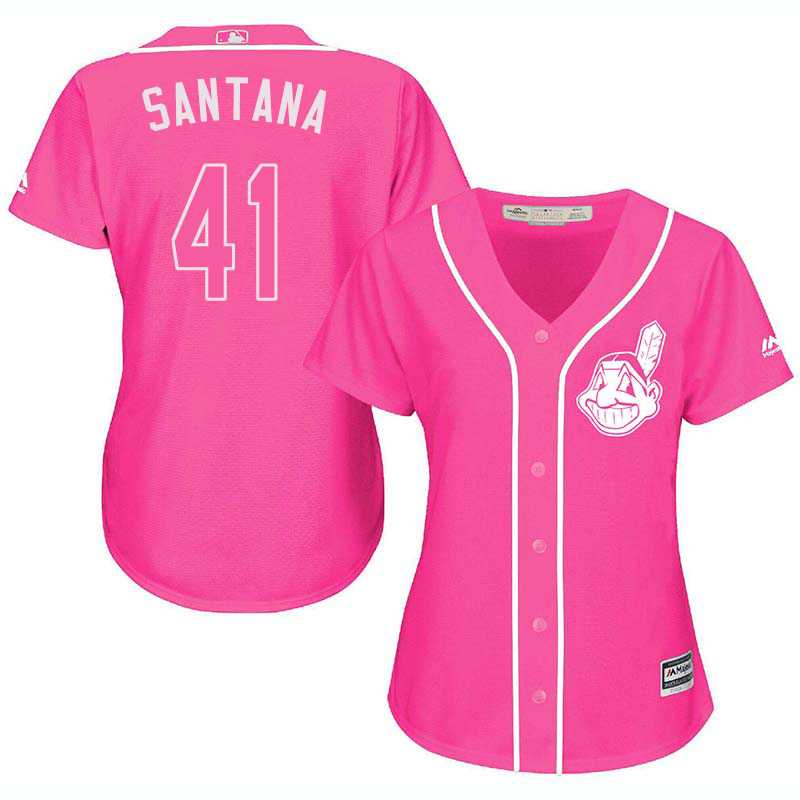 Glued Women's Cleveland Indians #41 Carlos Santana Pink New Cool Base Jersey WEM
