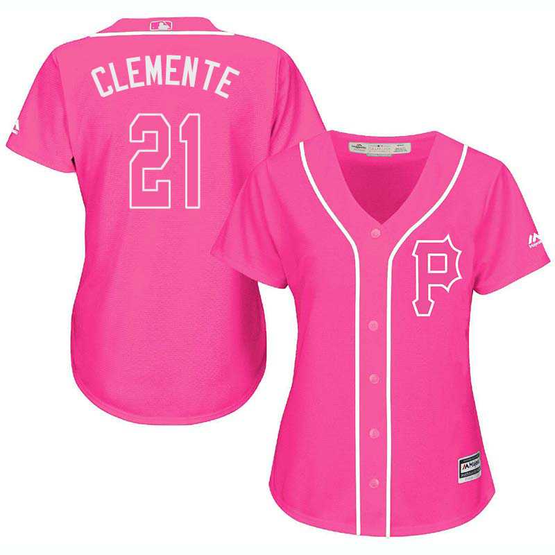 Glued Women's Pittsburgh Pirates #21 Roberto Clemente Pink New Cool Base Jersey WEM