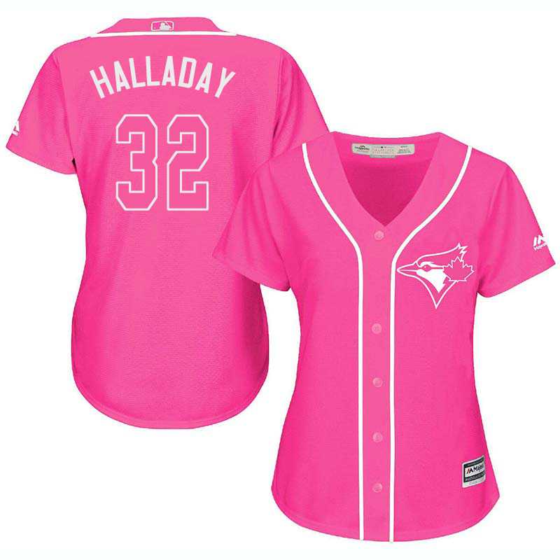 Glued Women's Toronto Blue Jays #32 Roy Halladay Pink New Cool Base Jersey WEM