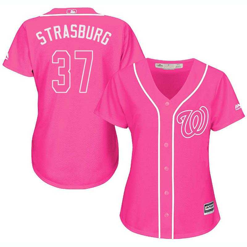 Glued Women's Washington Nationals #37 Stephen Strasburg Pink New Cool Base Jersey WEM