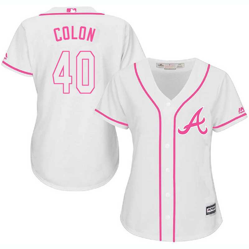 Women Atlanta Braves #40 Bartolo Colon White Pink New Cool Base Jersey JiaSu