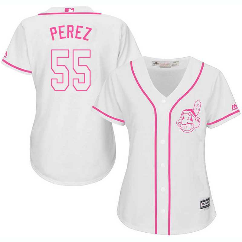 Women Cleveland Indians #55 Roberto Perez White Pink New Cool Base Jersey JiaSu