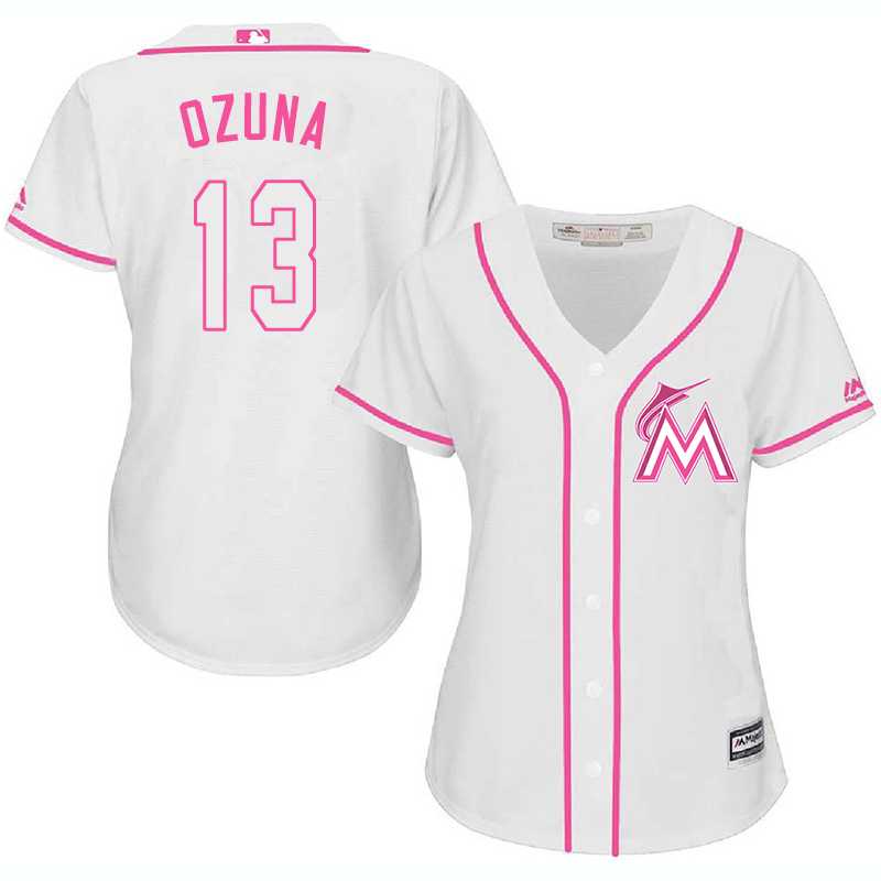 Women Miami Marlins #13 Marcell Ozuna White Pink New Cool Base Jersey JiaSu