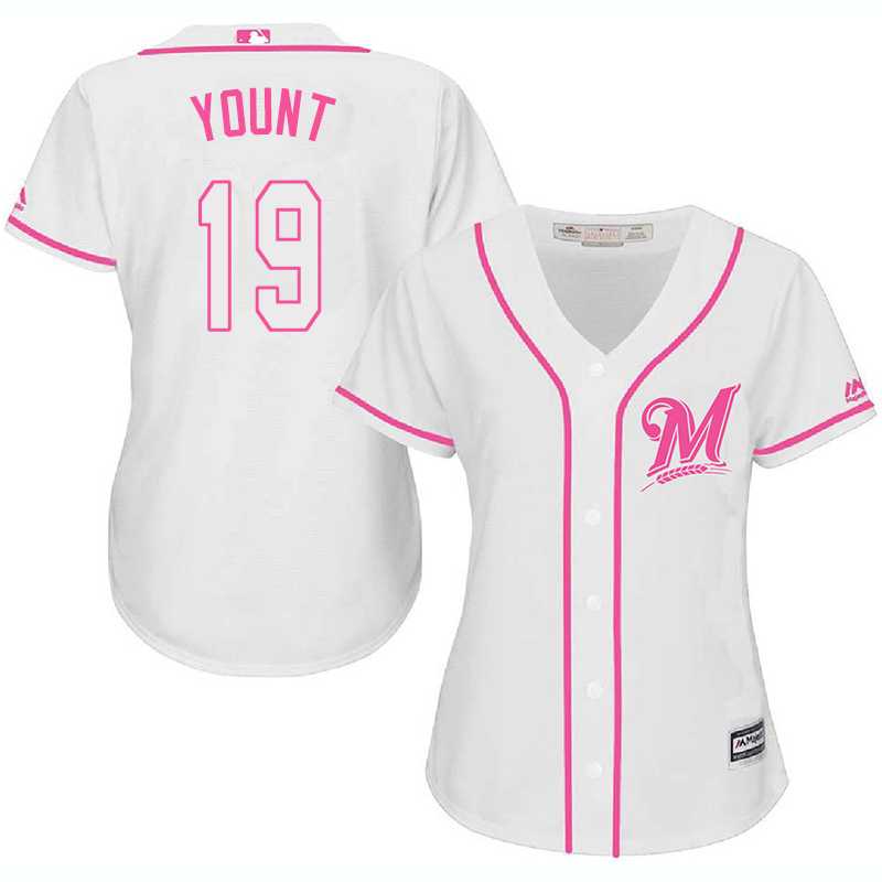 Women Milwaukee Brewers #19 Robin Yount White Pink New Cool Base Jersey JiaSu