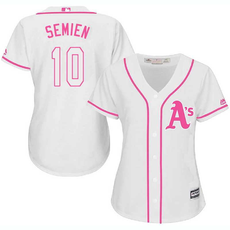 Women Oakland Athletics #10 Marcus Semien White Pink New Cool Base Jersey JiaSu