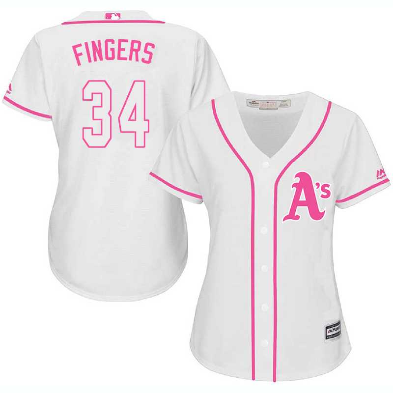 Women Oakland Athletics #34 Rollie Fingers White Pink New Cool Base Jersey JiaSu