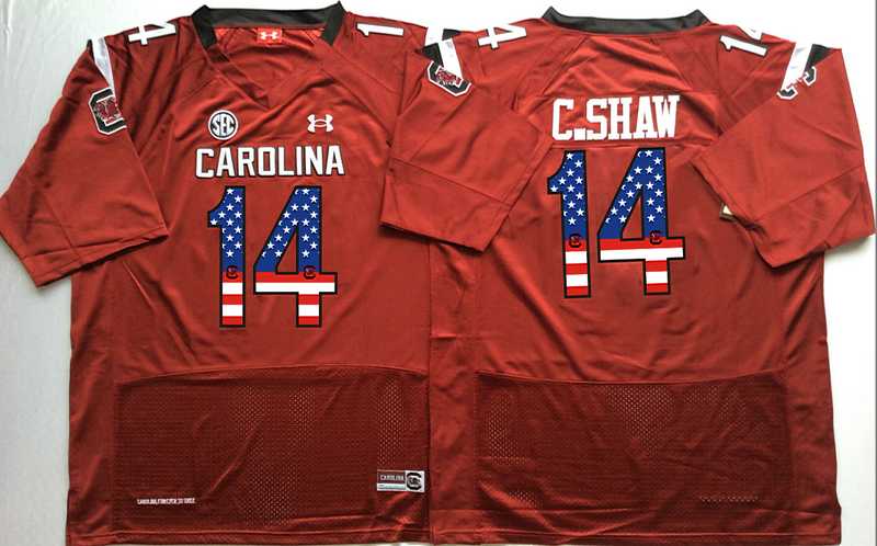 South Carolina Gamecocks #14 C.Shaw Red USA Flag College Stitched Jersey