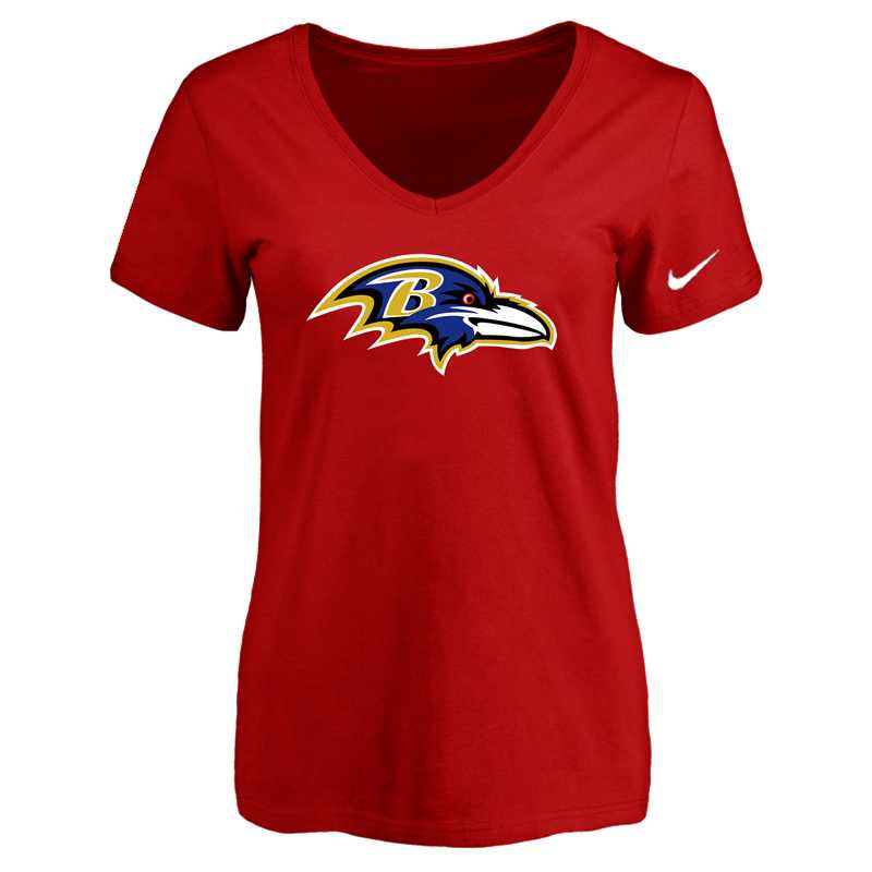Women's Baltimore Ravens Red Logo V neck T-Shirt FengYun