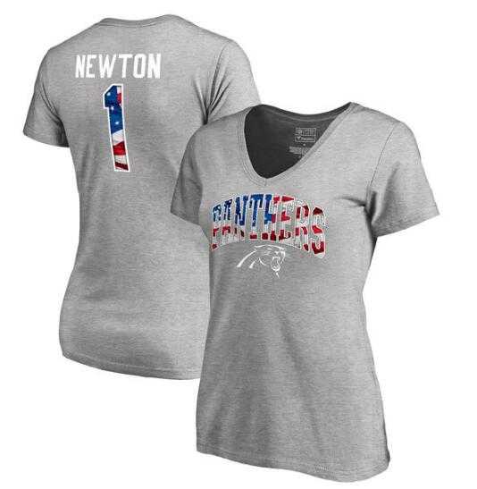 Women's Carolina Panthers #1 Cam Newton NFL Pro Line by Fanatics Branded Banner Wave Name & Number T Shirt Heathered Gray FengYun