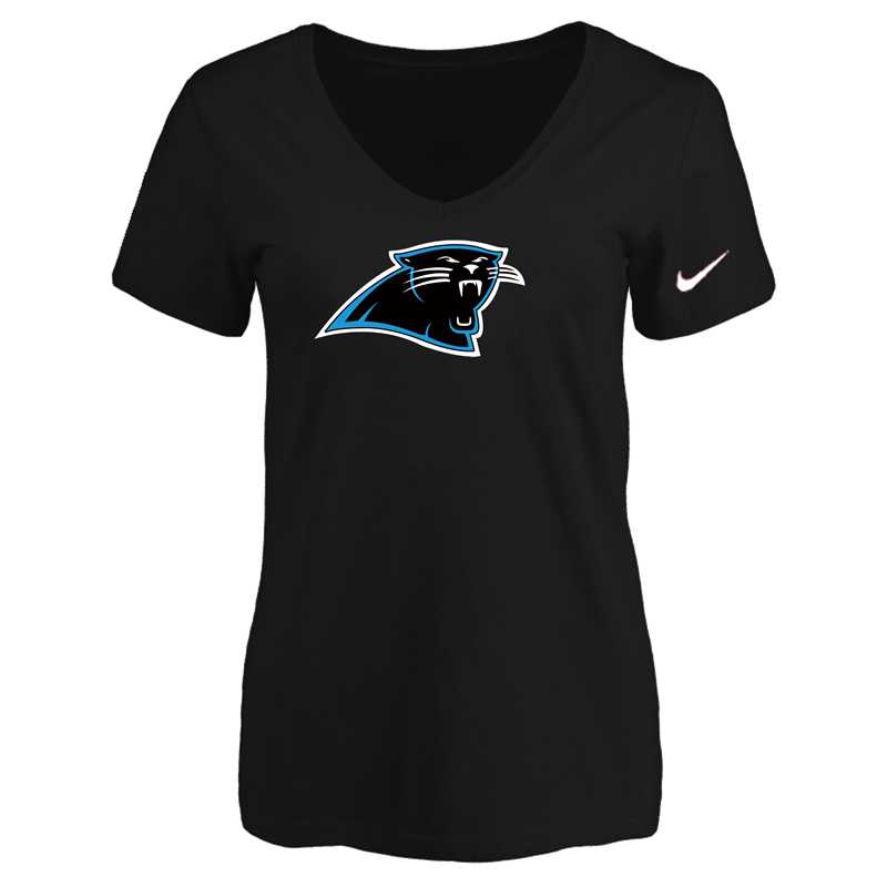 Women's Carolina Panthers Black Logo V neck T-Shirt FengYun