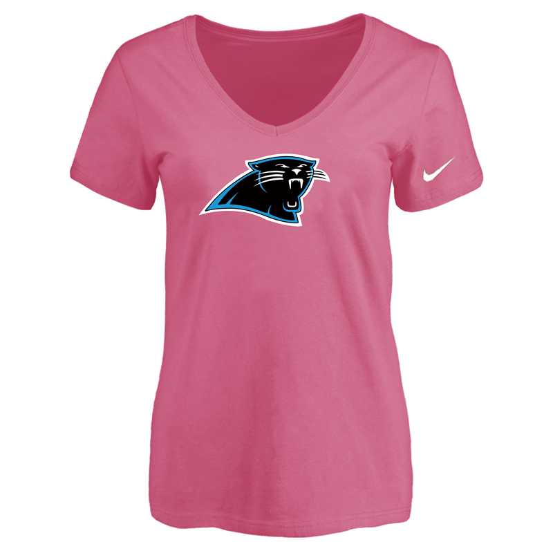 Women's Carolina Panthers Pink Logo V neck T-Shirt FengYun