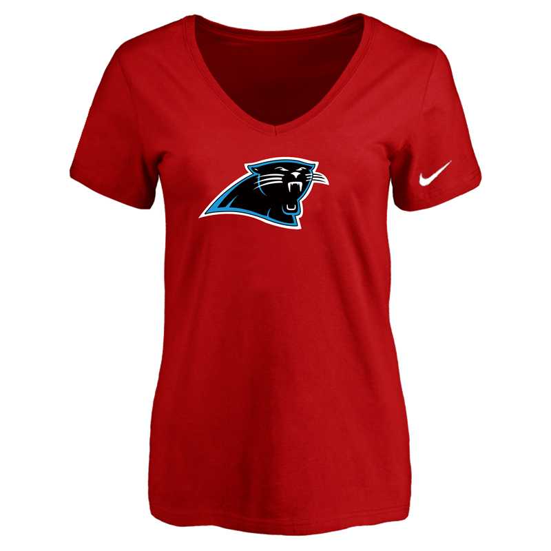 Women's Carolina Panthers Red Logo V neck T-Shirt FengYun