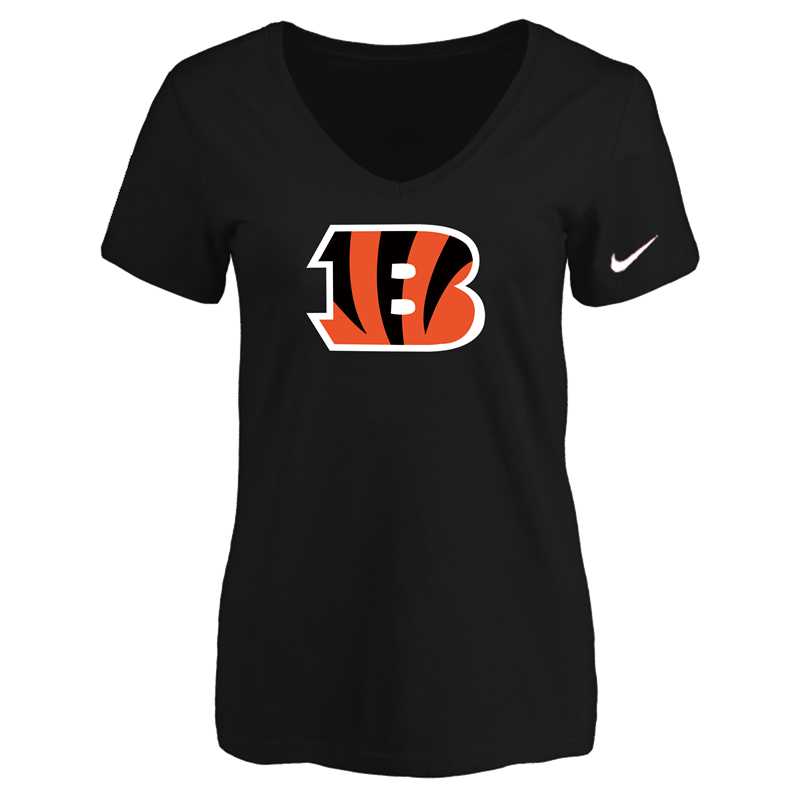 Women's Cincinnati Bengals Black Logo V neck T-Shirt FengYun