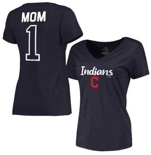 Women's Cleveland Indians 2017 Mother's Day #1 Mom V-Neck T-Shirt - Navy FengYun