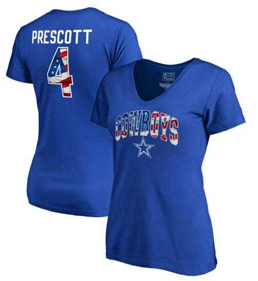 Women's Dallas Cowboys #4 Dak Prescott NFL Pro Line by Fanatics Branded Banner Wave Name & Number T Shirt Royal FengYun