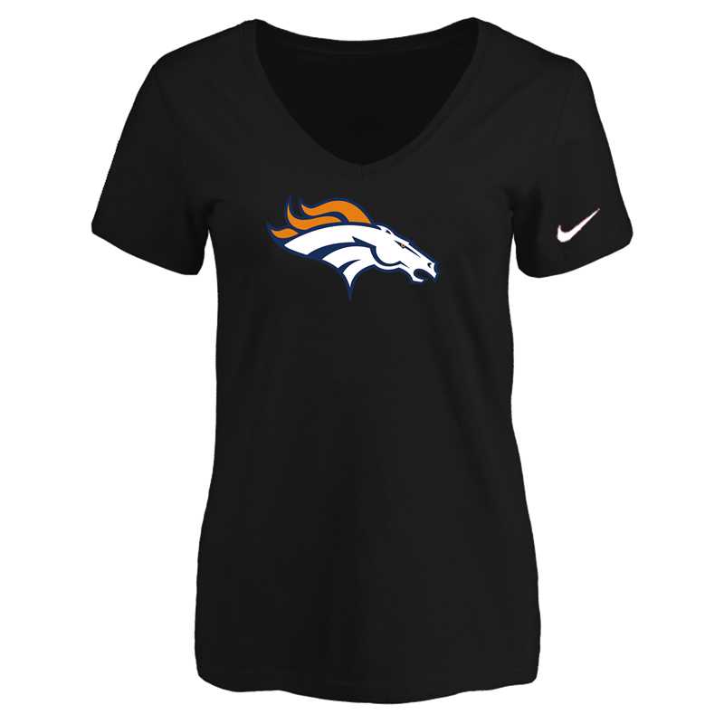 Women's Denver Broncos Black Logo V neck T-Shirt FengYun