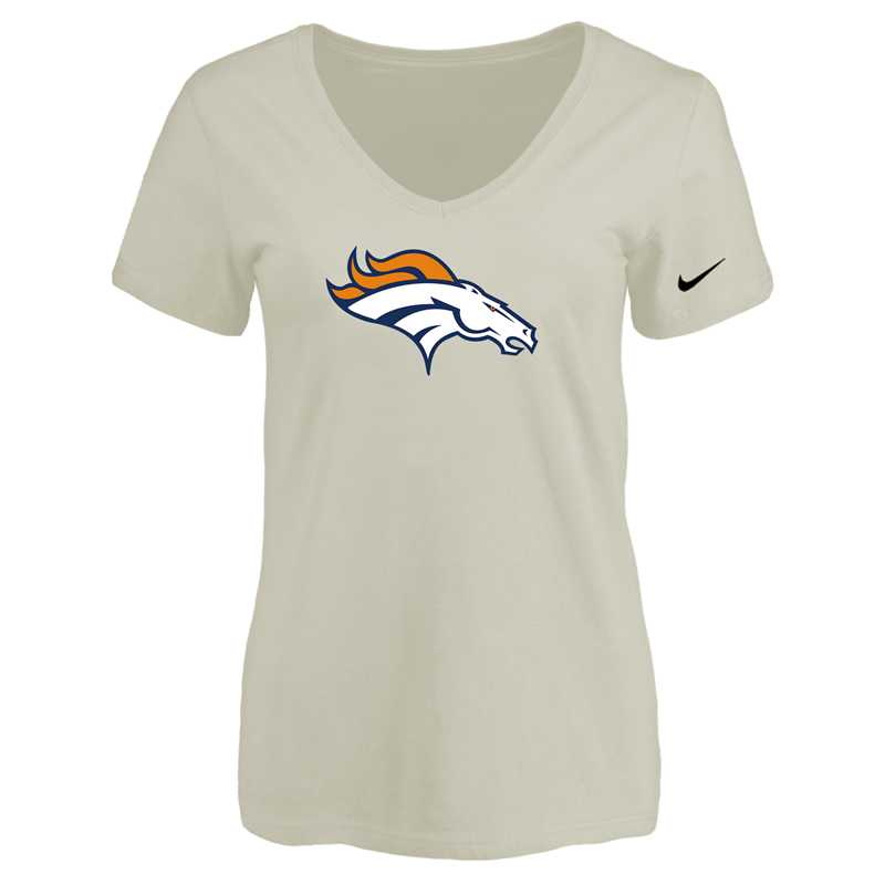 Women's Denver Broncos Cream Logo V neck T-Shirt FengYun