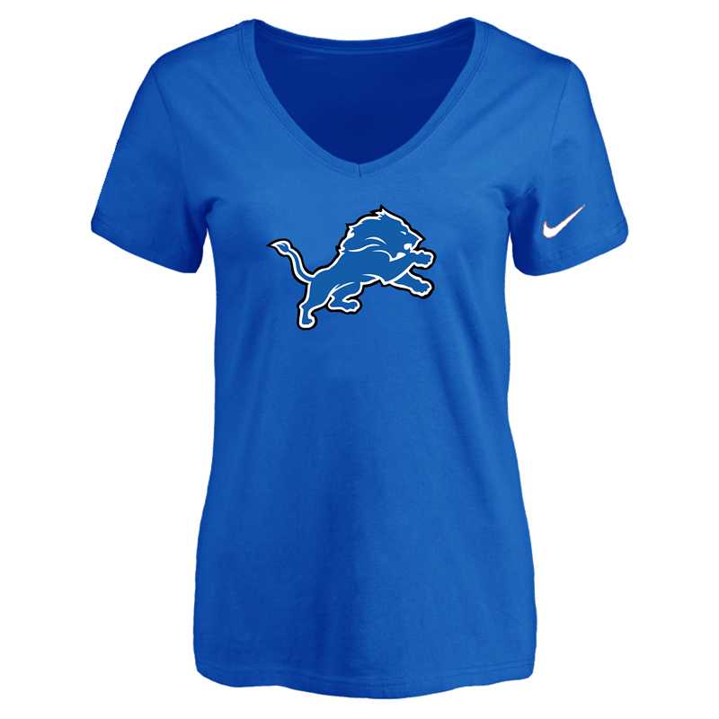 Women's Detroit Lions Blue Logo V neck T-Shirt FengYun