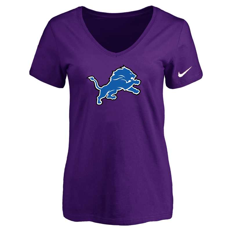 Women's Detroit Lions Purple Logo V neck T-Shirt FengYun