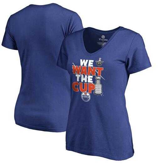 Women's Edmonton Oilers Fanatics Branded 2017 NHL Stanley Cup Playoff Participant Blue Line Slim Fit V Neck T Shirt Royal FengYun