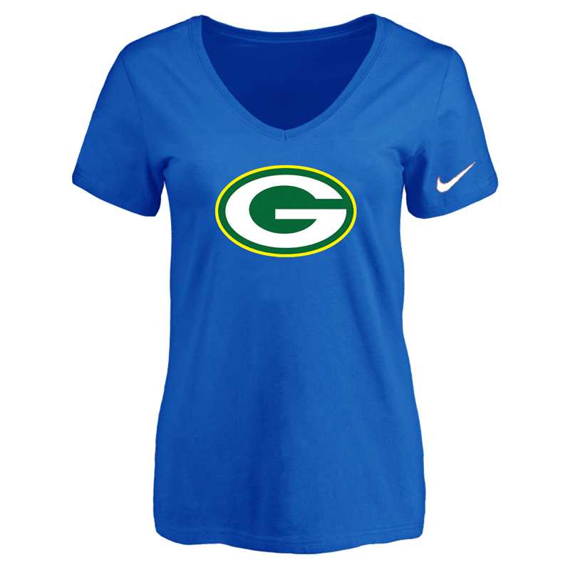 Women's Green Bay Packers Blue Logo V neck T-Shirt FengYun