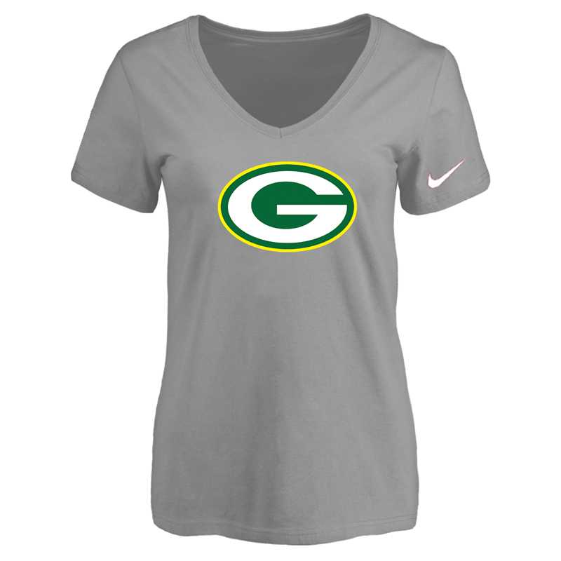 Women's Green Bay Packers L.Gray Logo V neck T-Shirt FengYun