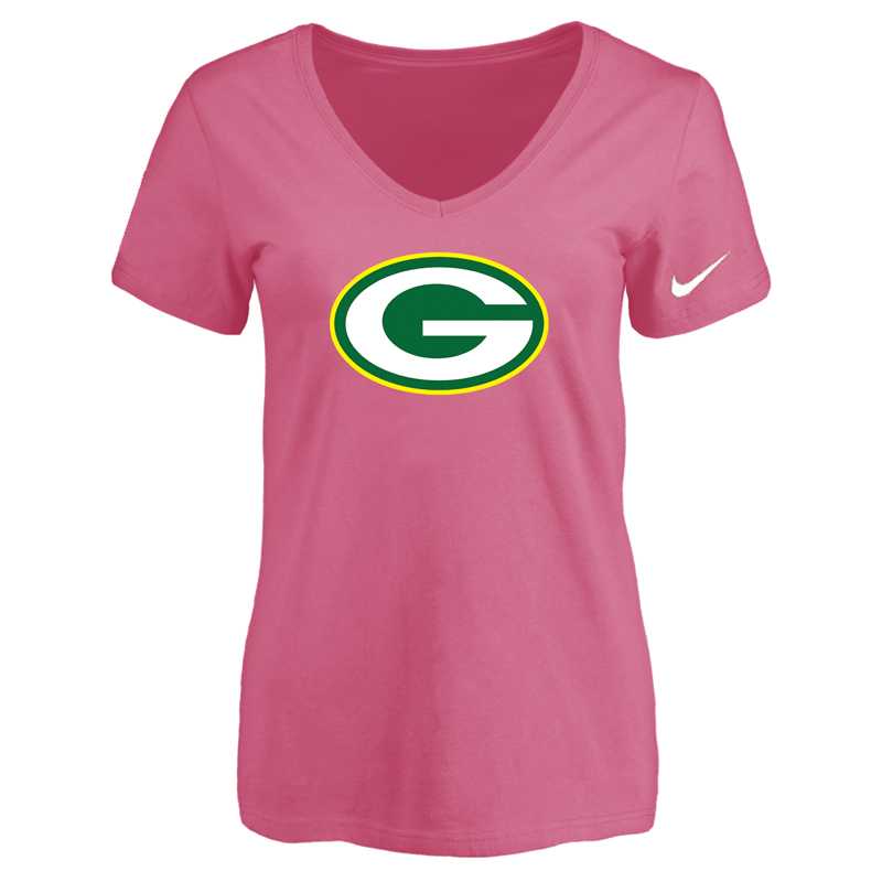 Women's Green Bay Packers Pink Logo V neck T-Shirt FengYun