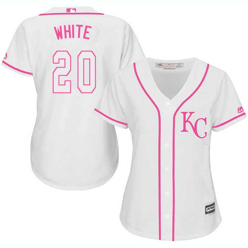 Women's Kansas City Royals #20 Frank White White Pink New Cool Base Jersey