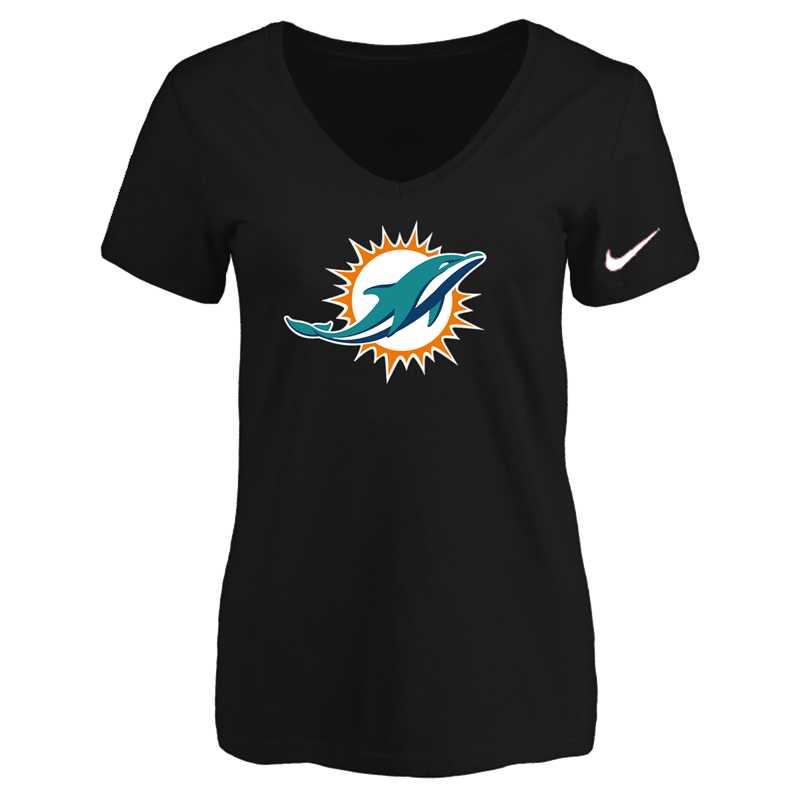 Women's Miami Dolphins Black Logo V neck T-Shirt FengYun