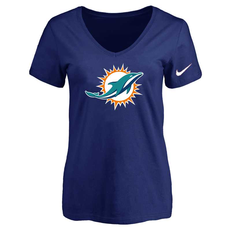 Women's Miami Dolphins D.Blue Logo V neck T-Shirt FengYun