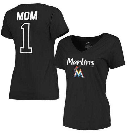 Women's Miami Marlins 2017 Mother's Day #1 Mom V-Neck T-Shirt - Black FengYun