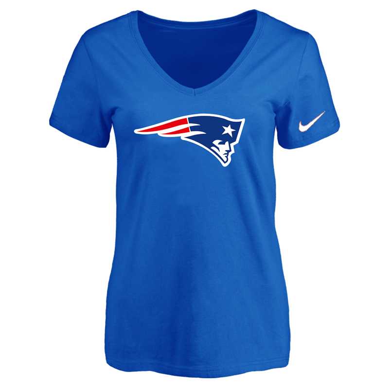 Women's New England Patriots Blue Logo V neck T-Shirt FengYun