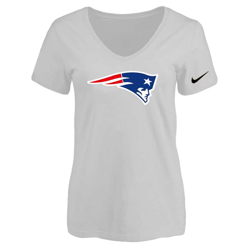 Women's New England Patriots White Logo V neck T-Shirt FengYun