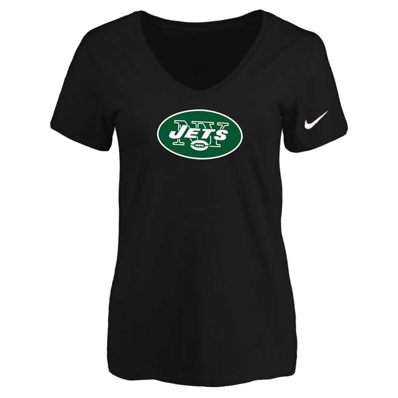 Women's New York Jets Black Logo V neck T-Shirt FengYun