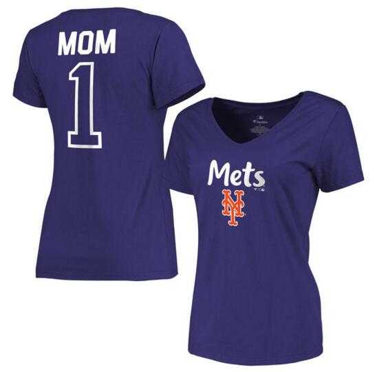 Women's New York Mets 2017 Mother's Day #1 Mom V-Neck T-Shirt - Royal FengYun