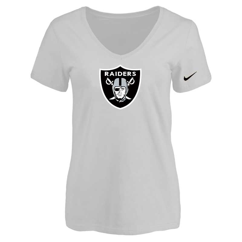 Women's Oakland Raiders White Logo V neck T-Shirt FengYun
