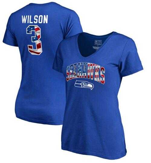 Women's Seattle Seahawks #3 Russell Wilson NFL Pro Line by Fanatics Branded Banner Wave Name & Number T Shirt Royal FengYun