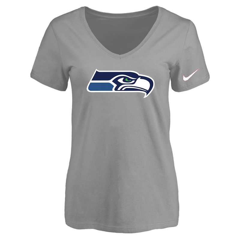 Women's Seattle Seahawks L.Gray Logo V neck T-Shirt FengYun