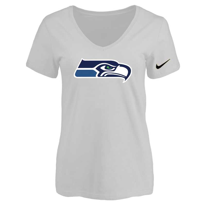 Women's Seattle Seahawks White Logo V neck T-Shirt FengYun