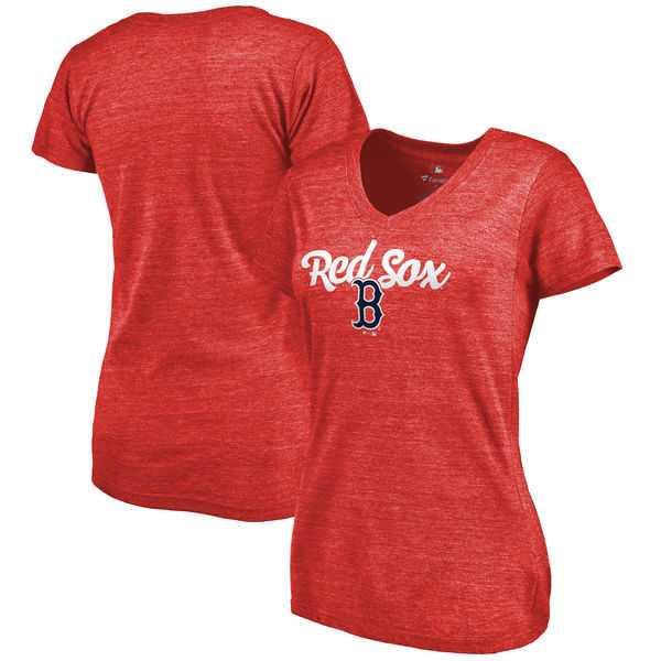Women's Boston Red Sox Freehand V Neck Slim Fit Tri Blend T-Shirt Red FengYun