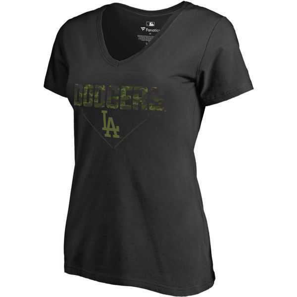 Women's Los Angeles Dodgers Fanatics Branded Black Big & Tall Memorial V Neck Camo T-shirt FengYun