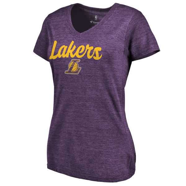 Women's Los Angeles Lakers Freehand Tri Blend V Neck T-Shirt Purple FengYun