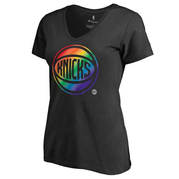 Women's New York Knicks Fanatics Branded Black Team Pride Slim Fit V Neck T-Shirt FengYun
