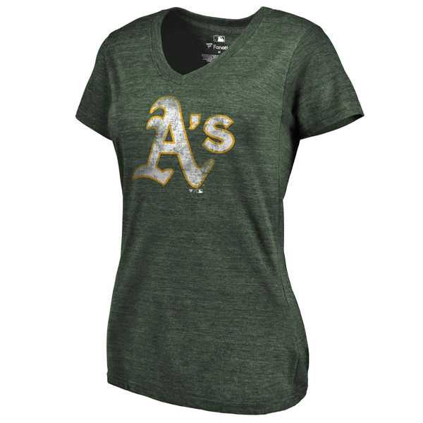 Women's Oakland Athletics Fanatics Branded Primary Distressed Team Tri Blend V Neck T-Shirt Heathered Green FengYun