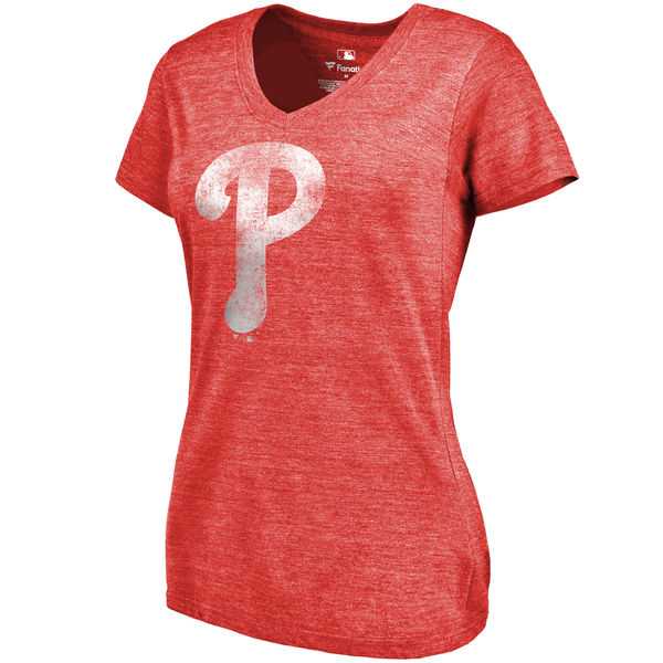 Women's Philadelphia Phillies Fanatics Branded Primary Distressed Team Tri Blend V Neck T-Shirt Heathered Red FengYun