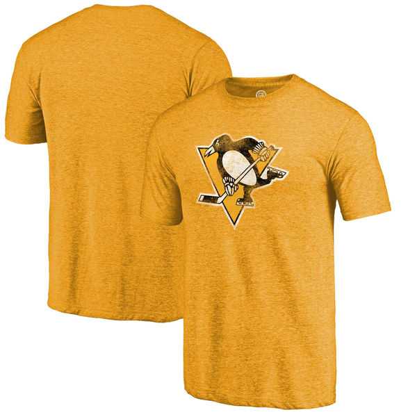 Men's Pittsburgh Penguins Fanatics Branded Distressed Team Primary Logo Tri Blend T-Shirt Gold FengYun