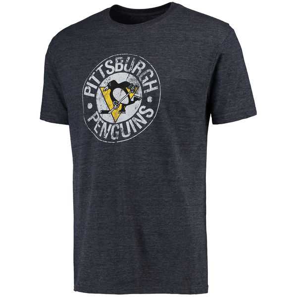 Men's Pittsburgh Penguins Rinkside 1968 1972 Distressed Throwback Logo Tri Blend T-Shirt Navy FengYun